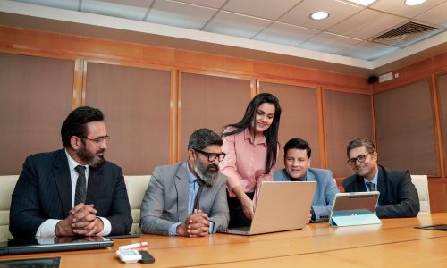Young,Indian,Woman,Presenting,Project,Information,To,Other,Businesspeople,,Using
